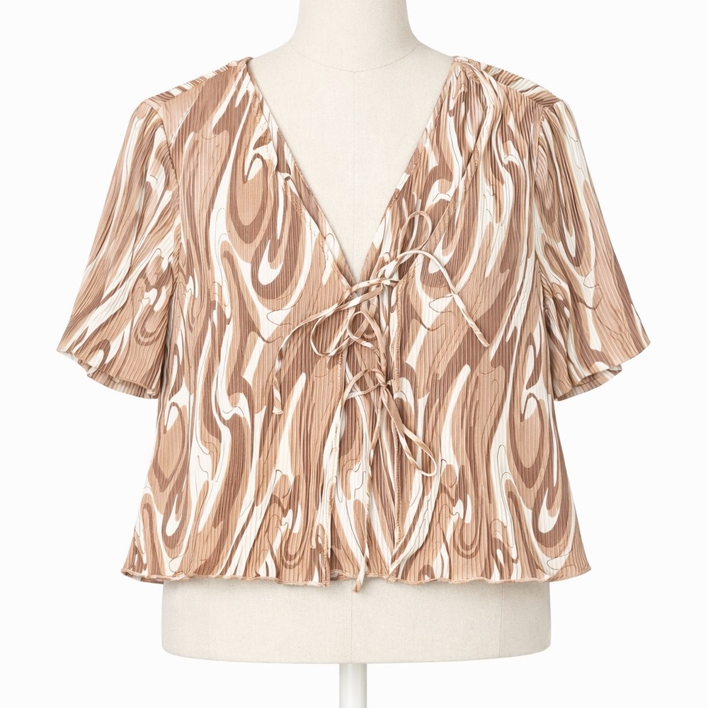 RO & DE Beige & White Swirl Lace-Up Short Sleeve Blouse Size Medium